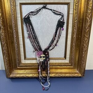 Handcrafted Multi Strand Seed Bead Statement Necklace Mauve Black Iridescent 22"